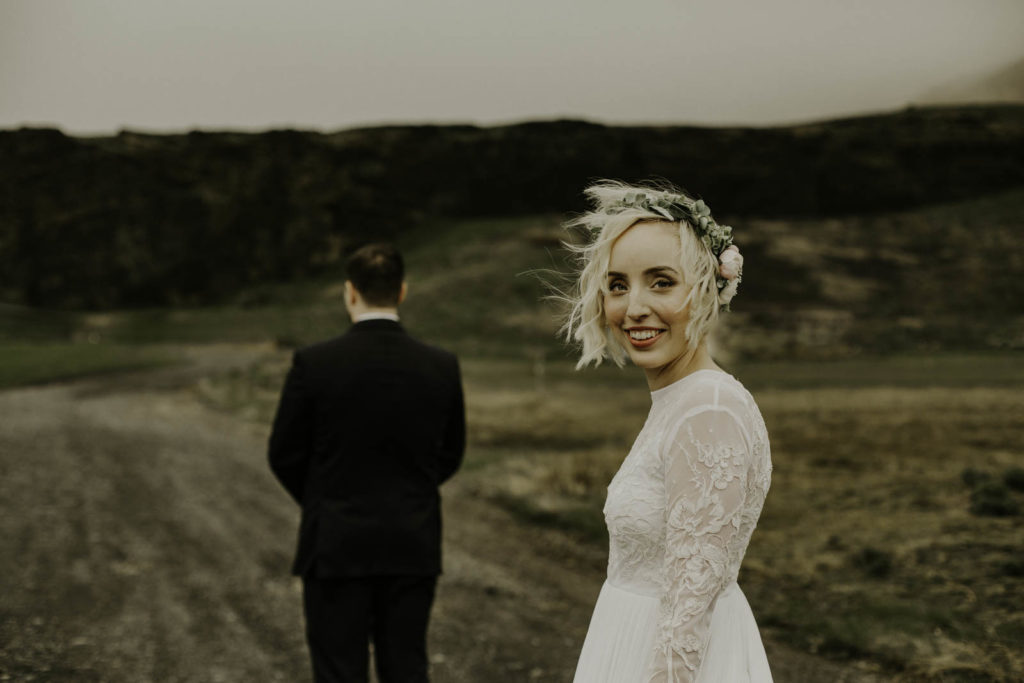 Iceland elopement bride and groom's first look photos