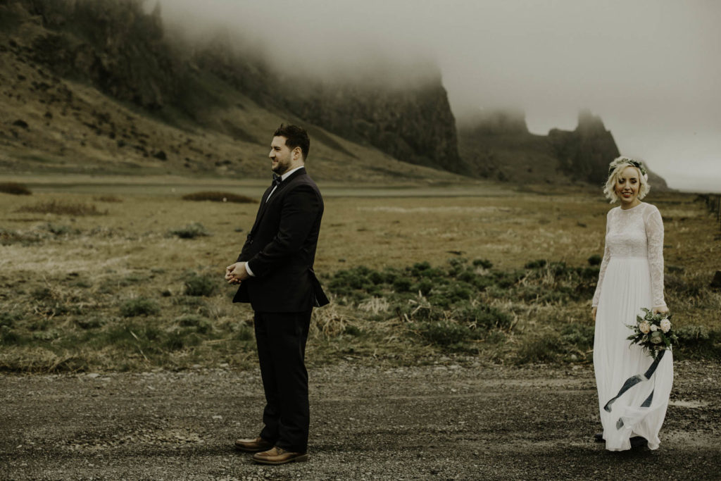 Iceland elopement bride and groom first looks