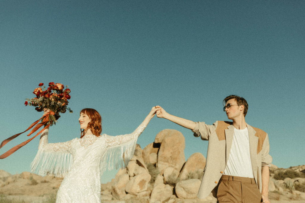 Joshua Tree elopement package with bride and groom.